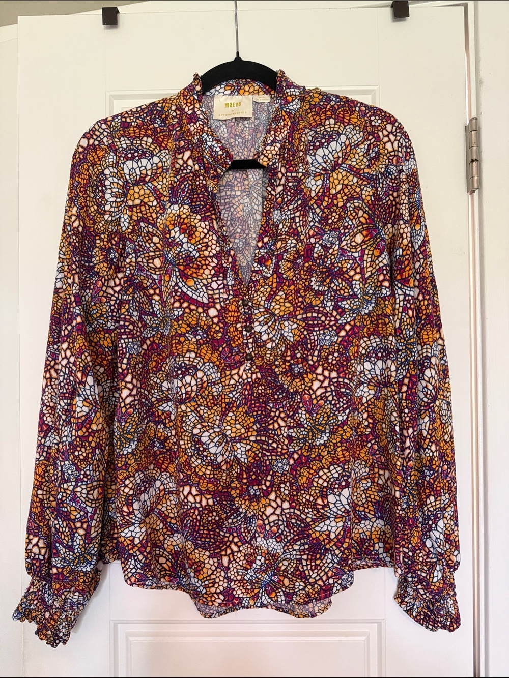Maeve Mosaic Floral Long-Sleeve Blouse in Purple, Mustard & White